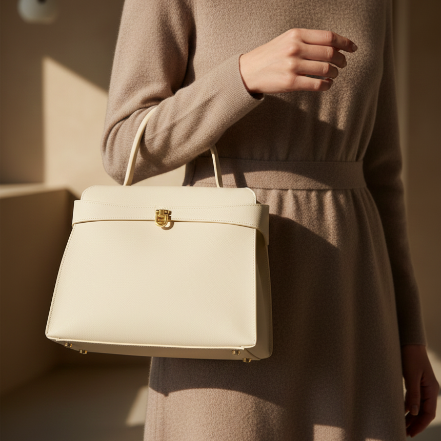 Person holding a cream handbag with a neutral background