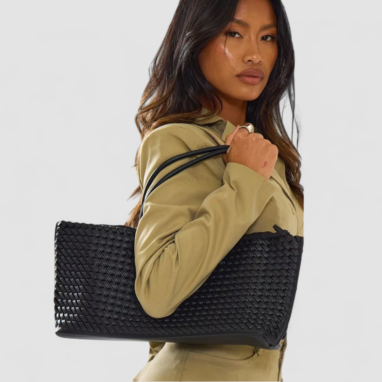 Alma Oversized Shoulder Bag In Woven Vegan Leather