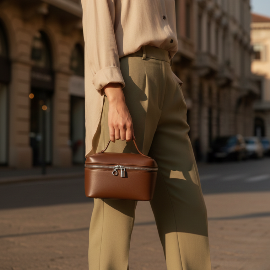Person holding a brown leather handbag on a city street