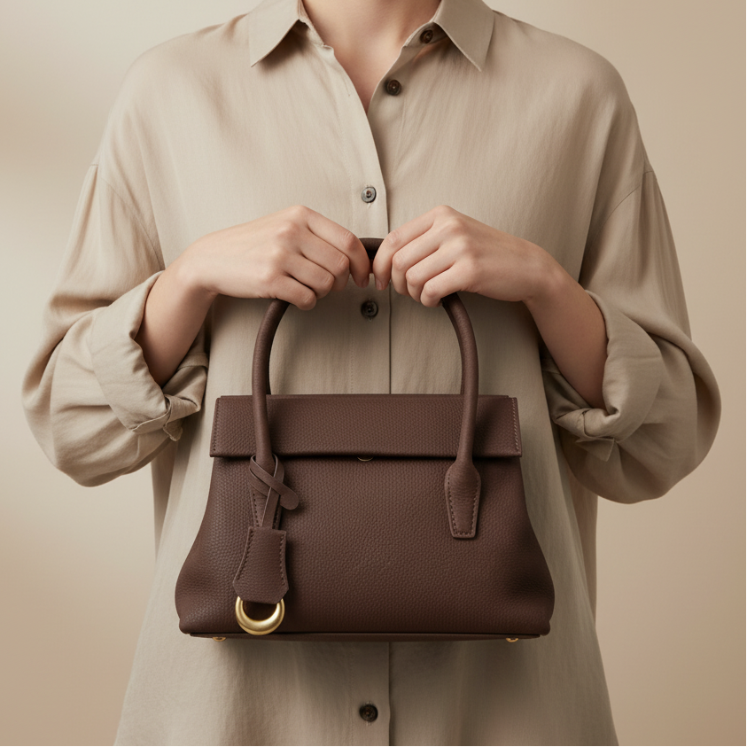 Person holding a brown handbag against a beige background