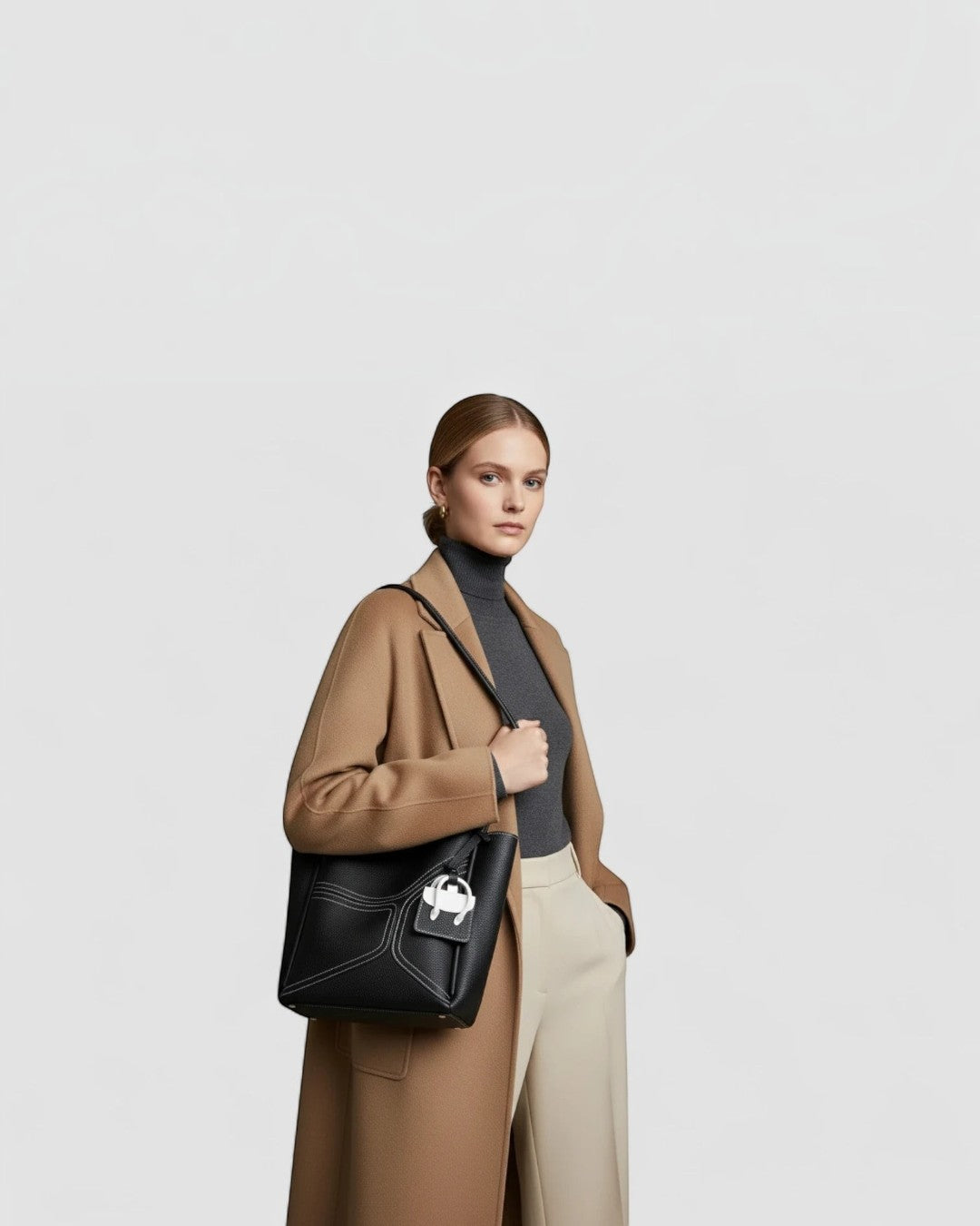 Pine Drew India Becca black vegan leather tote bag with gold hardware worn on the shoulder by a woman in a coat.