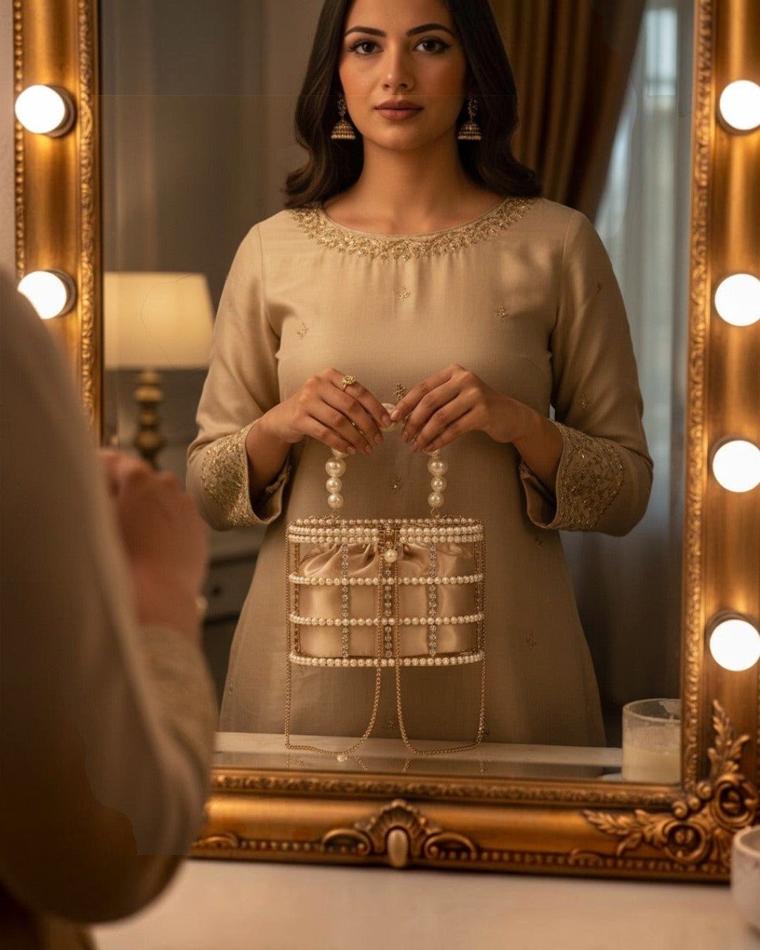 Pine Drew India blush satin casket bag with pearl and crystal lattice, featuring a sculptural pearl handle.