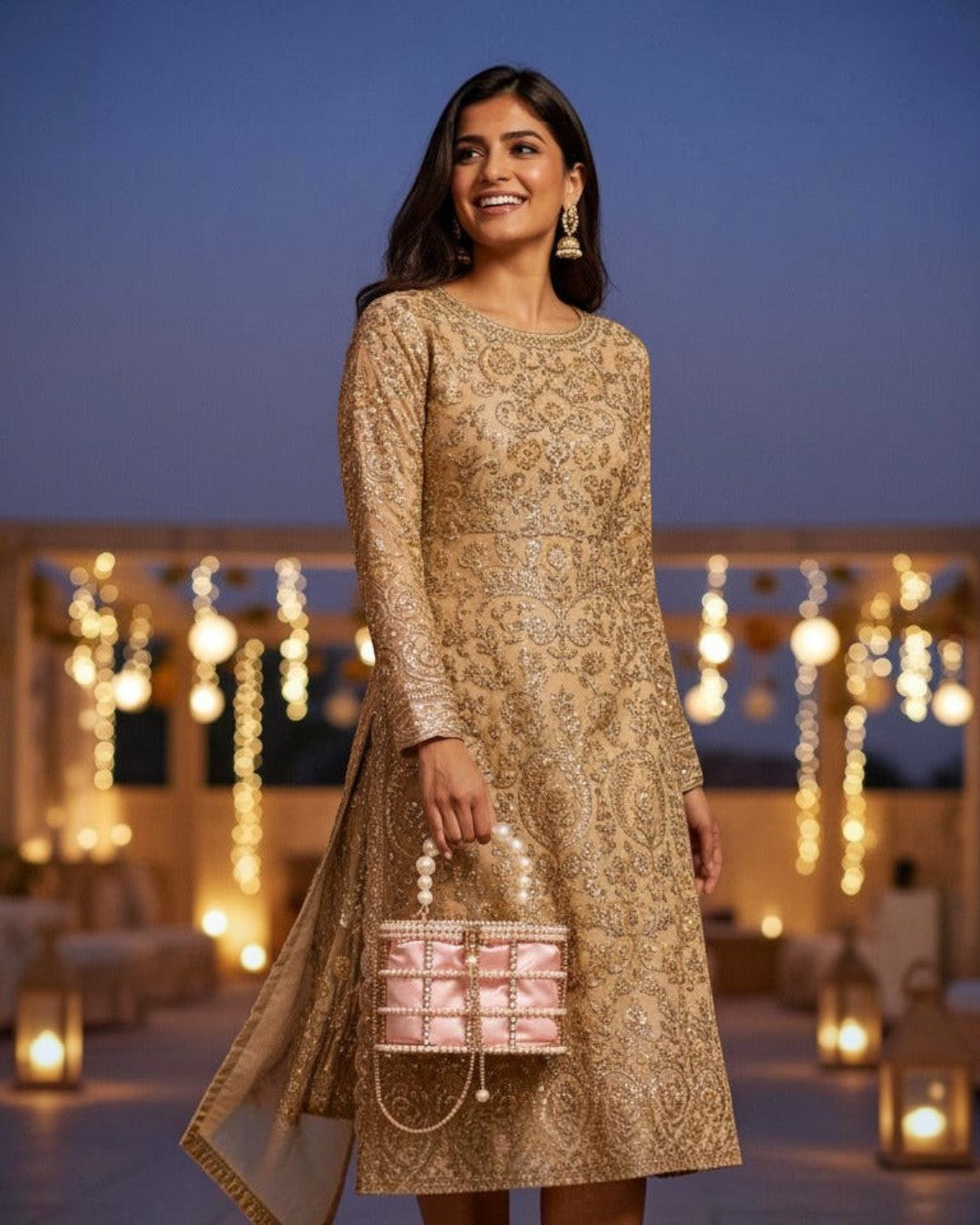 Pine Drew India blush satin casket bag with pearl and crystal lattice, featuring a sculptural pearl handle.