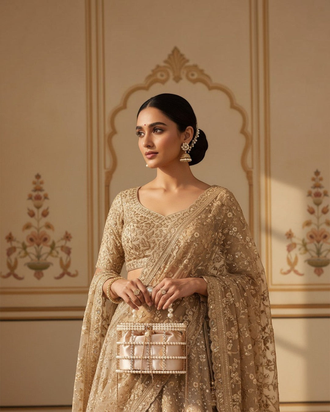 Pine Drew India blush satin casket bag with pearl and crystal lattice, held by a woman in a gold embroidered saree.