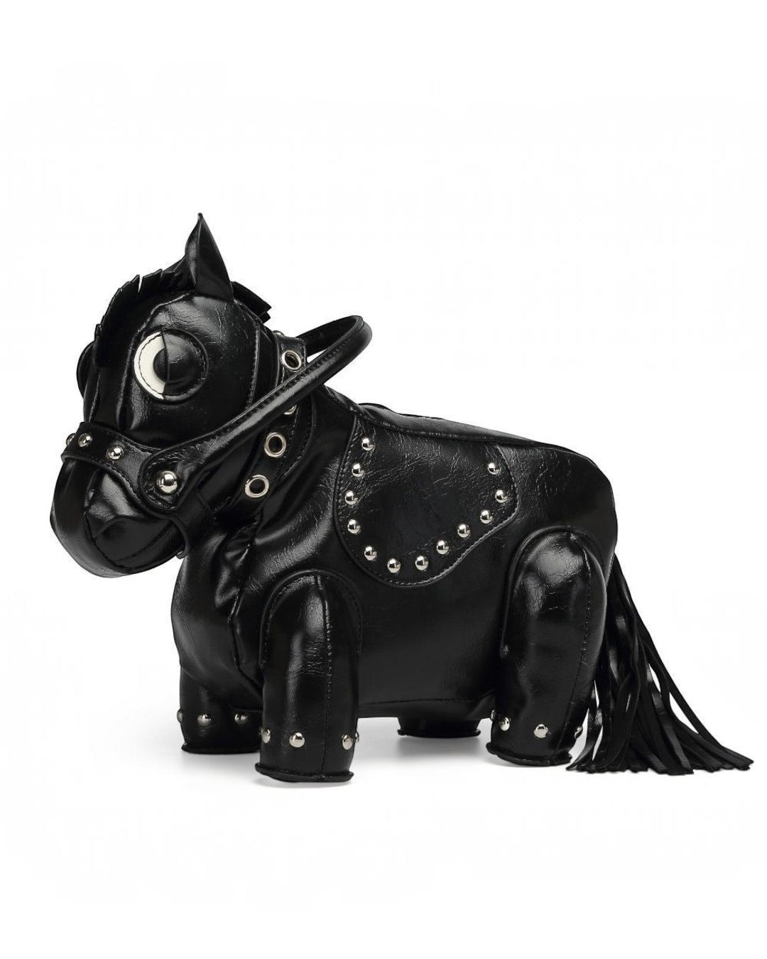 Pine Drew India Cavallo black vegan leather horse-shaped handbag with silver stud details and a tassel tail.