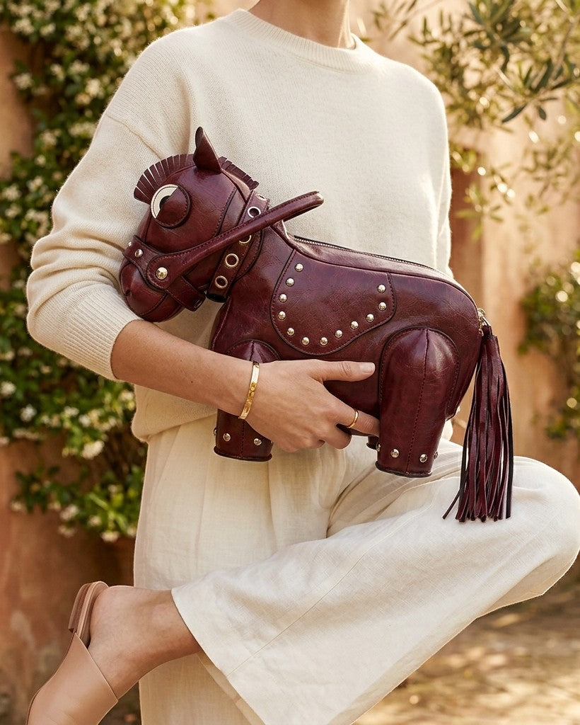 Pine Drew India Cavallo handbag in burgundy vegan leather shaped like a horse with gold studs and a tassel tail.