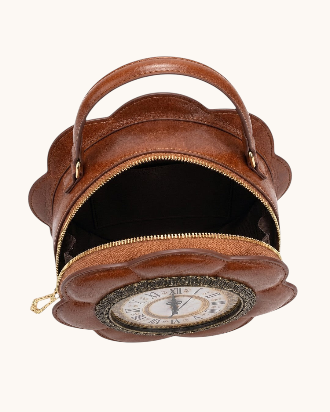 Pine Drew India Tempus Elan cognac vegan leather flower-shaped bag with an antique clock face and gold hardware
