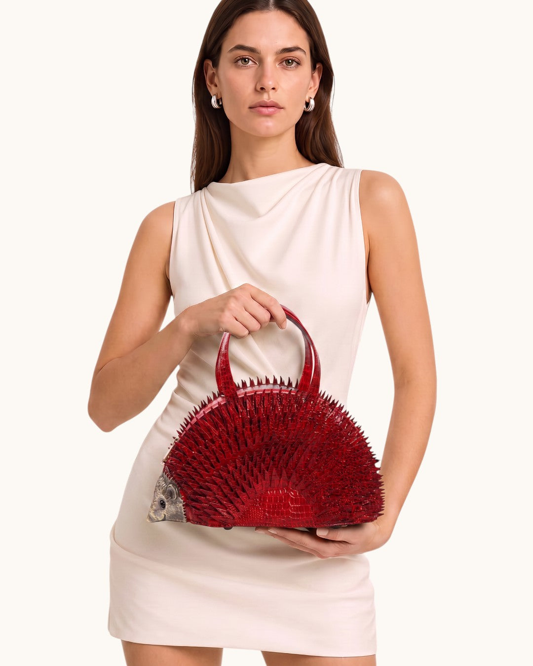 Pine Drew India Épinelle Mini deep crimson croc-embossed vegan leather hedgehog bag with sculpted spines and gold hardware