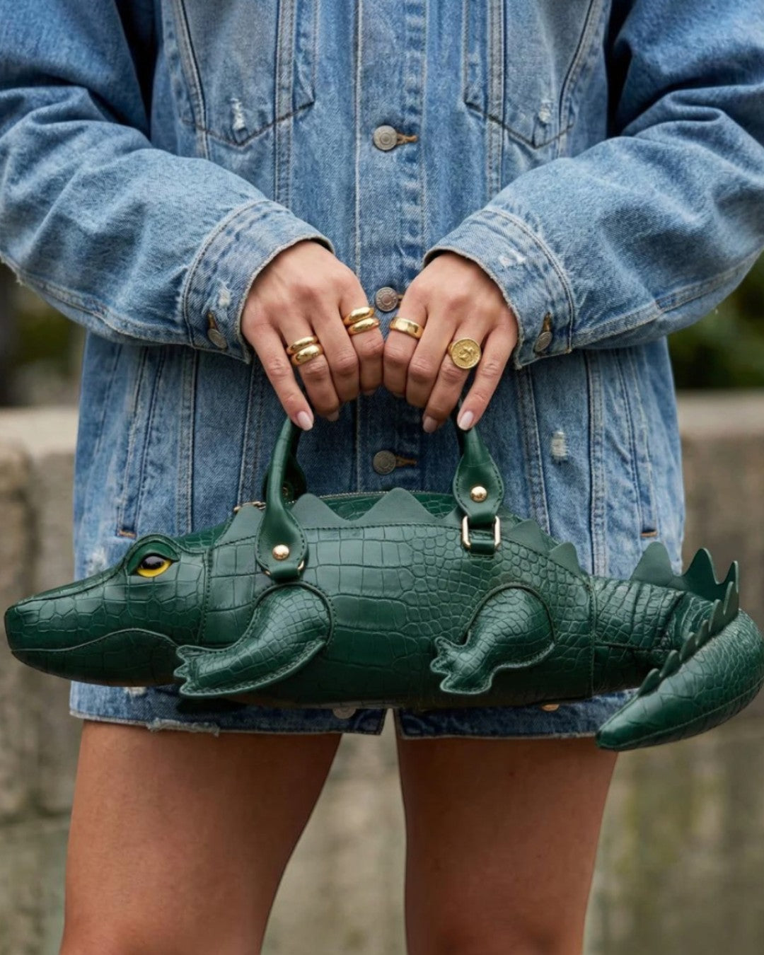 Pine Drew India Crocetta Ćlan mini handbag in deep green croc-embossed vegan leather with gold hardware