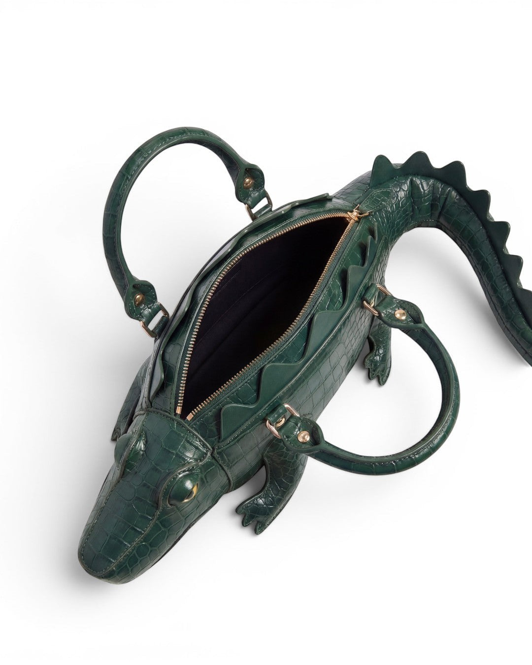 Pine Drew India Crocetta Ćlan mini handbag in deep green croc-embossed vegan leather with gold hardware and top handles.