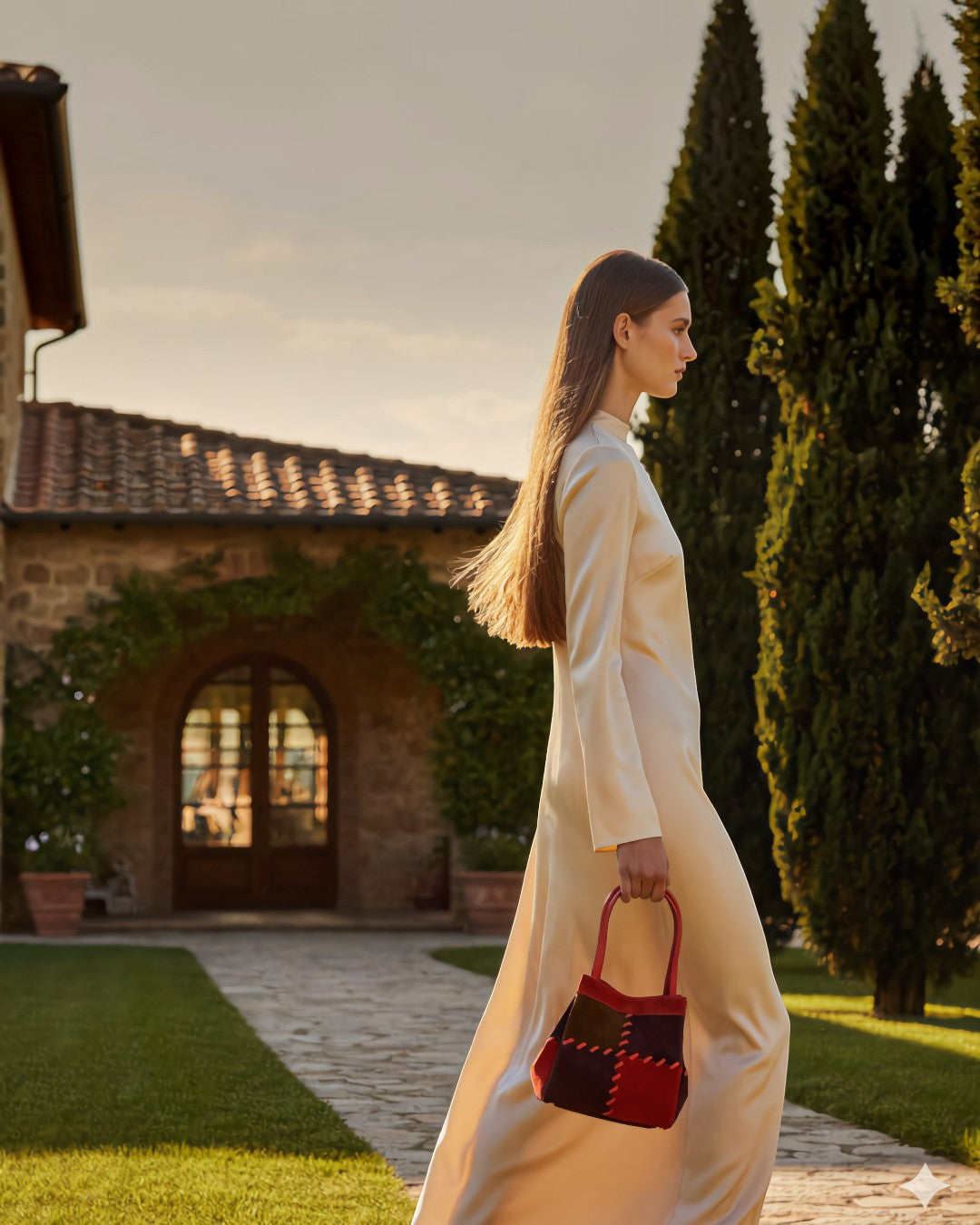 Pine Drew India Luna Mosaic handbag with multi-tone suede panels and contrast stitching held by a model in a garden.