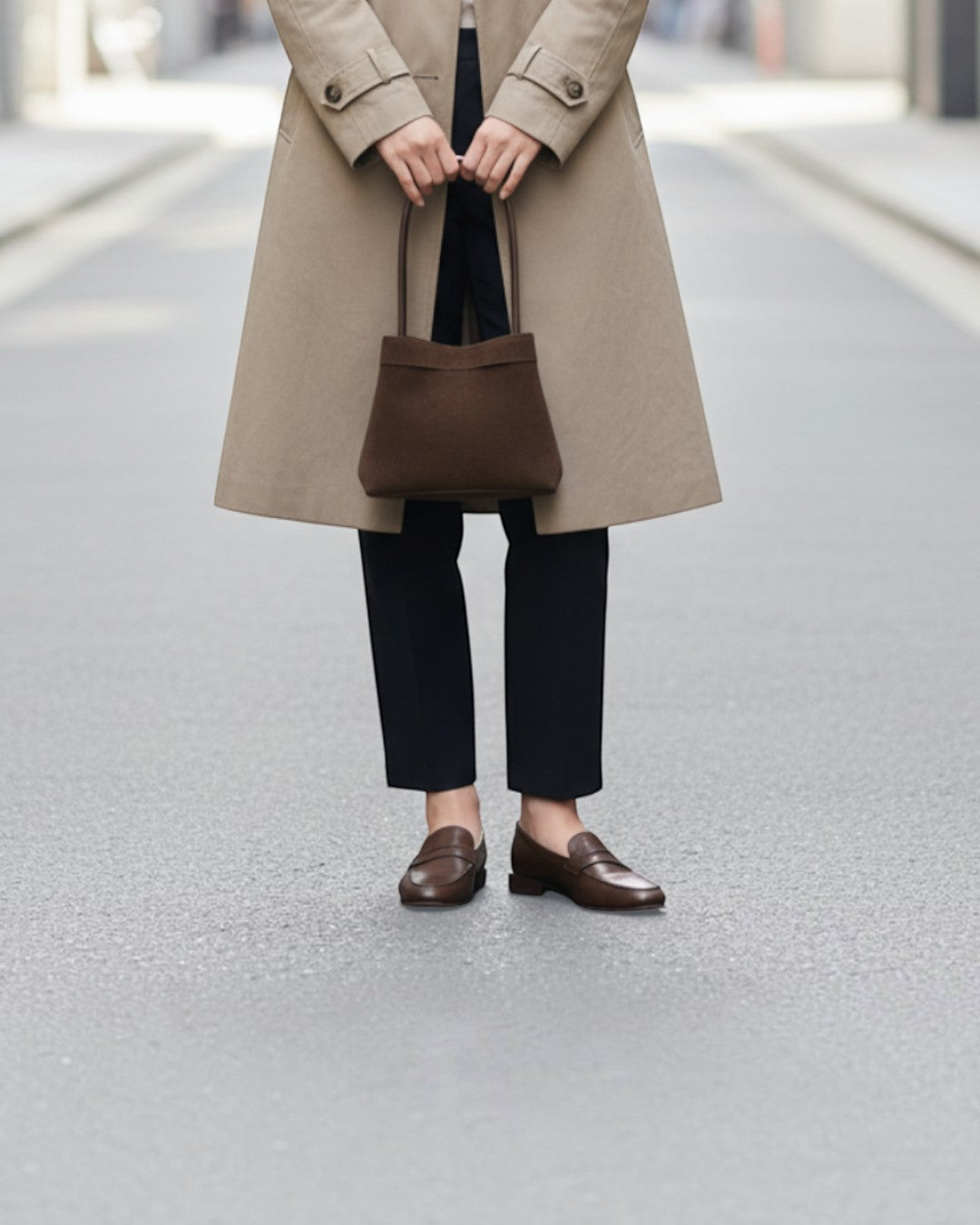 Pine Drew India Luna Umber handbag in suede-textured leather with architectural handles held by a woman in a trench
