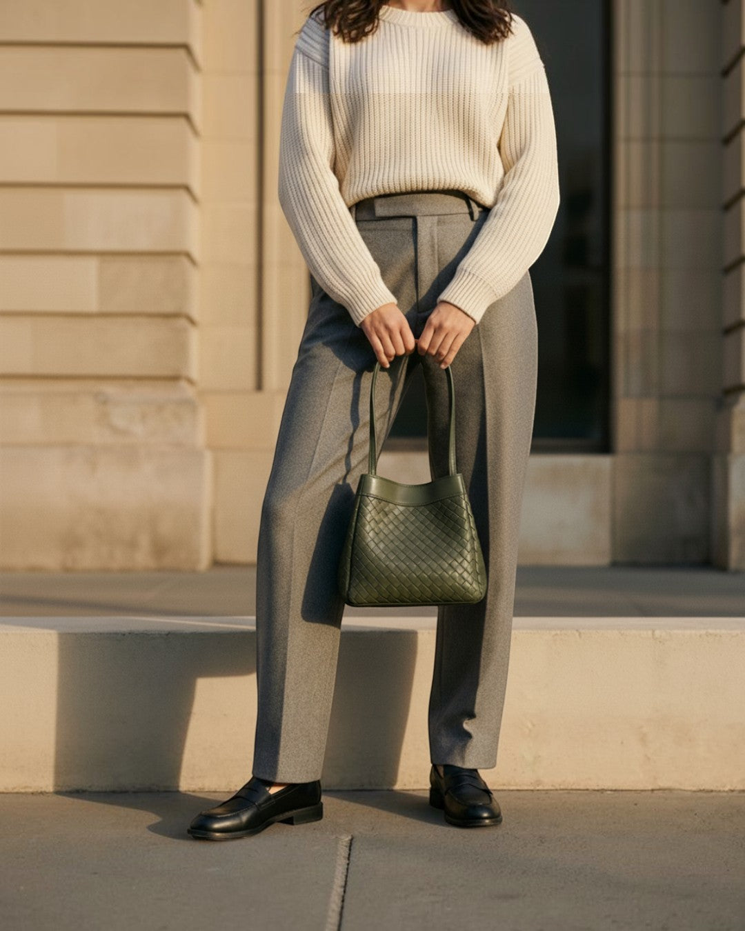 Pine Drew India Luna Verdura olive woven leather handbag with architectural handles held by a woman in a neutral outfit