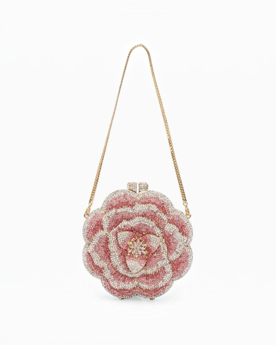 Pine Drew India pink floral clutch bag made of vegan leather and adorned with sparkling rhinestones and a gold chain.