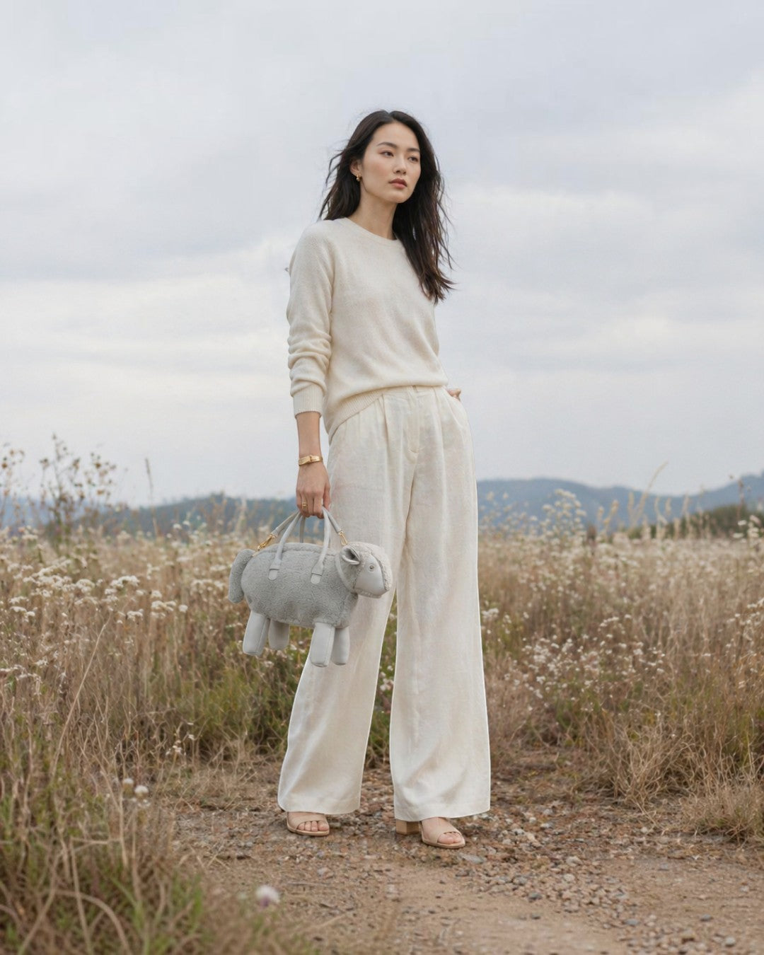 Pine Drew India model holding a grey sheep-shaped teddy shearling vegan leather bag in a grassy field