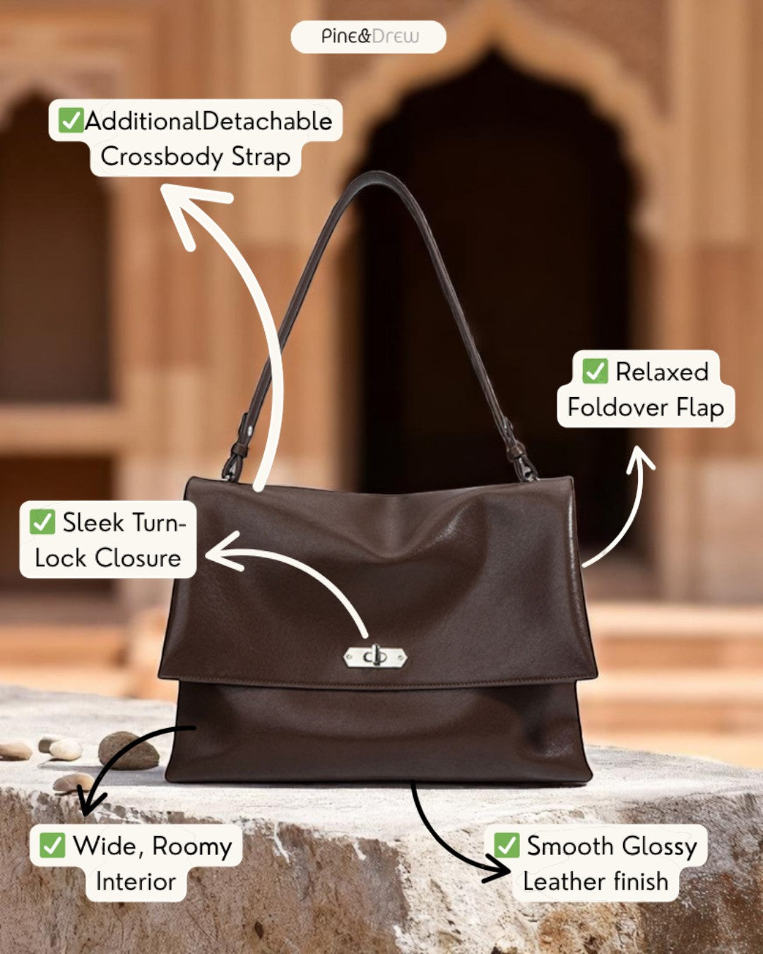 Pine Drew India The Vivienne Fold bag in Cacao Luxe full-grain leather with silver turn-lock and shoulder strap.