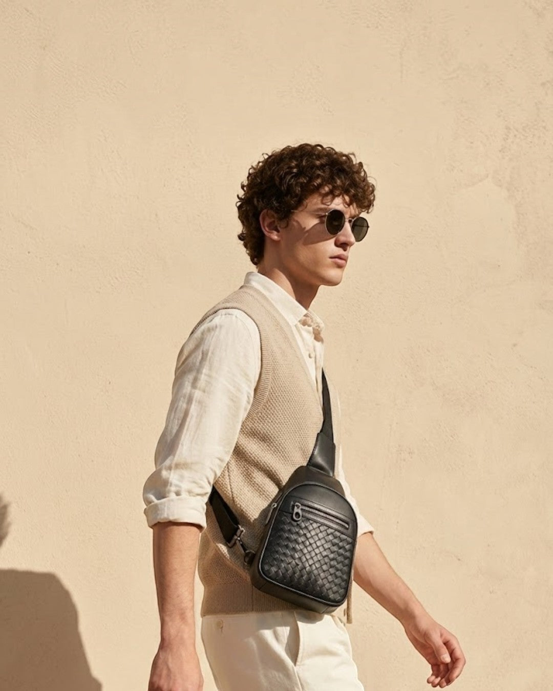 Pine Drew India Woven Voyager black full-grain leather sling bag worn by a man in a beige vest and white shirt.