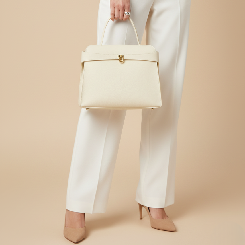 Person holding a cream handbag against a beige background