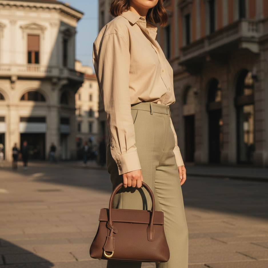 Woman holding a brown handbag in an urban setting