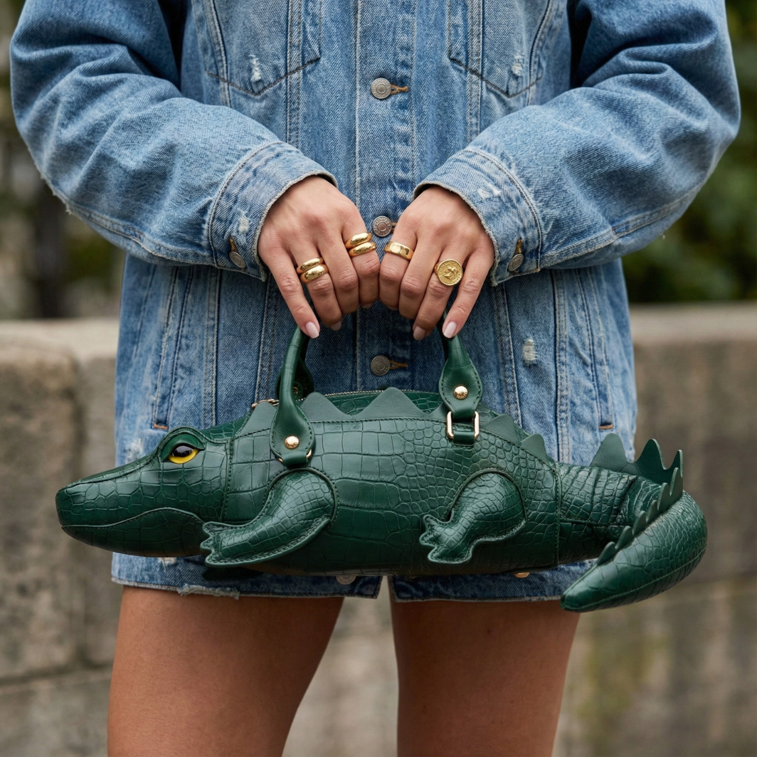 Person holding a green alligator-shaped handbag with a denim jacket.
