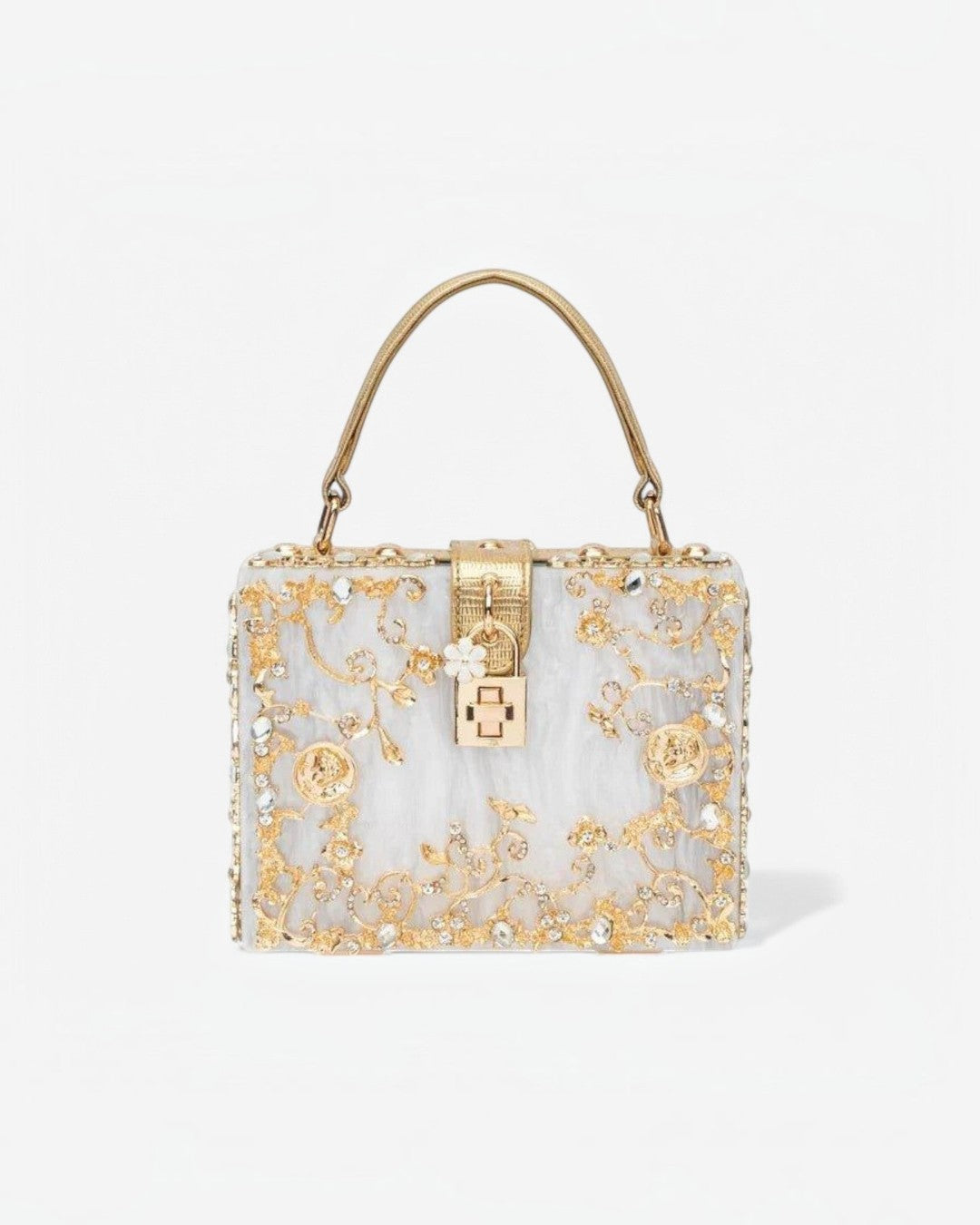 Pine Drew India Bella Box acrylic handbag with gold-plated floral embellishments and a secure turn-up lock.
