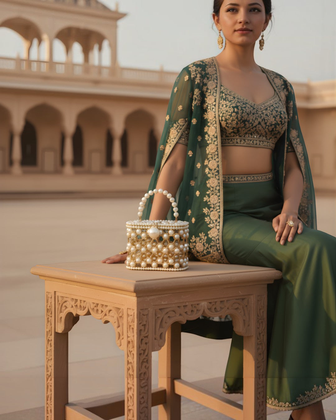 Pine Drew India Aurelia Pearl Lattice champagne-gold honeycomb minaudière with pearls, held by a woman in green attire.