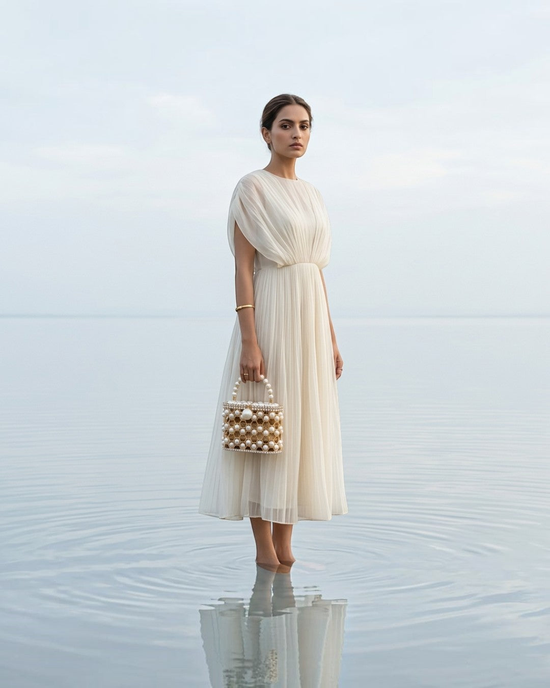 Pine Drew India Aurelia Pearl Lattice minaudière with champagne-gold honeycomb structure and pearls held by a woman