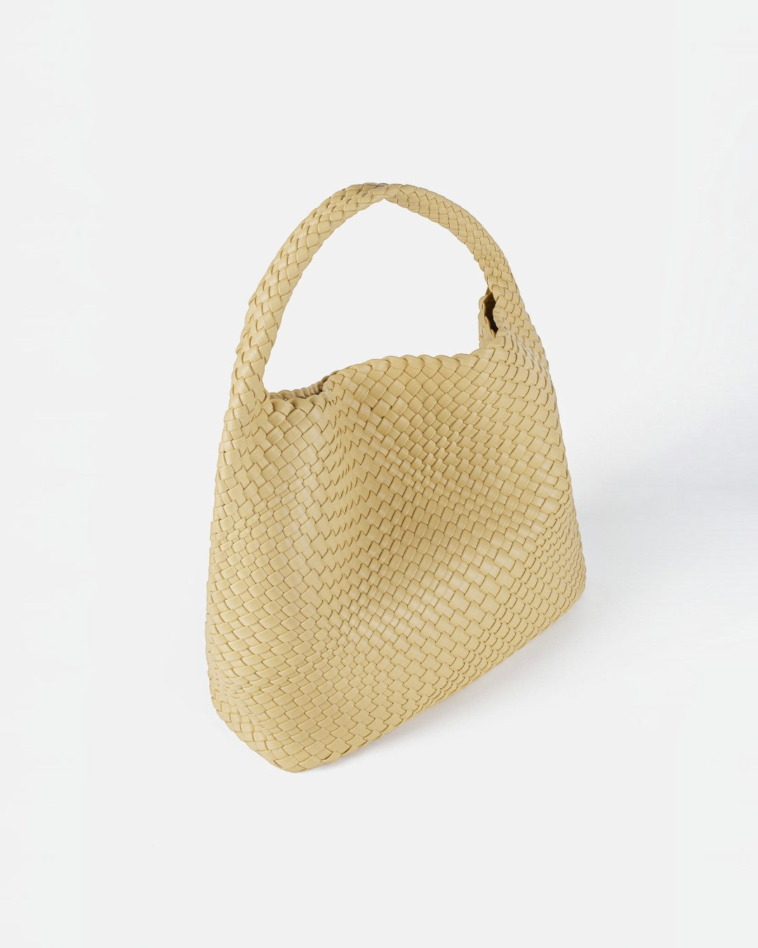 Pine Drew India The Jocelyn beige handwoven vegan leather shoulder bag with a slouchy sculptural design