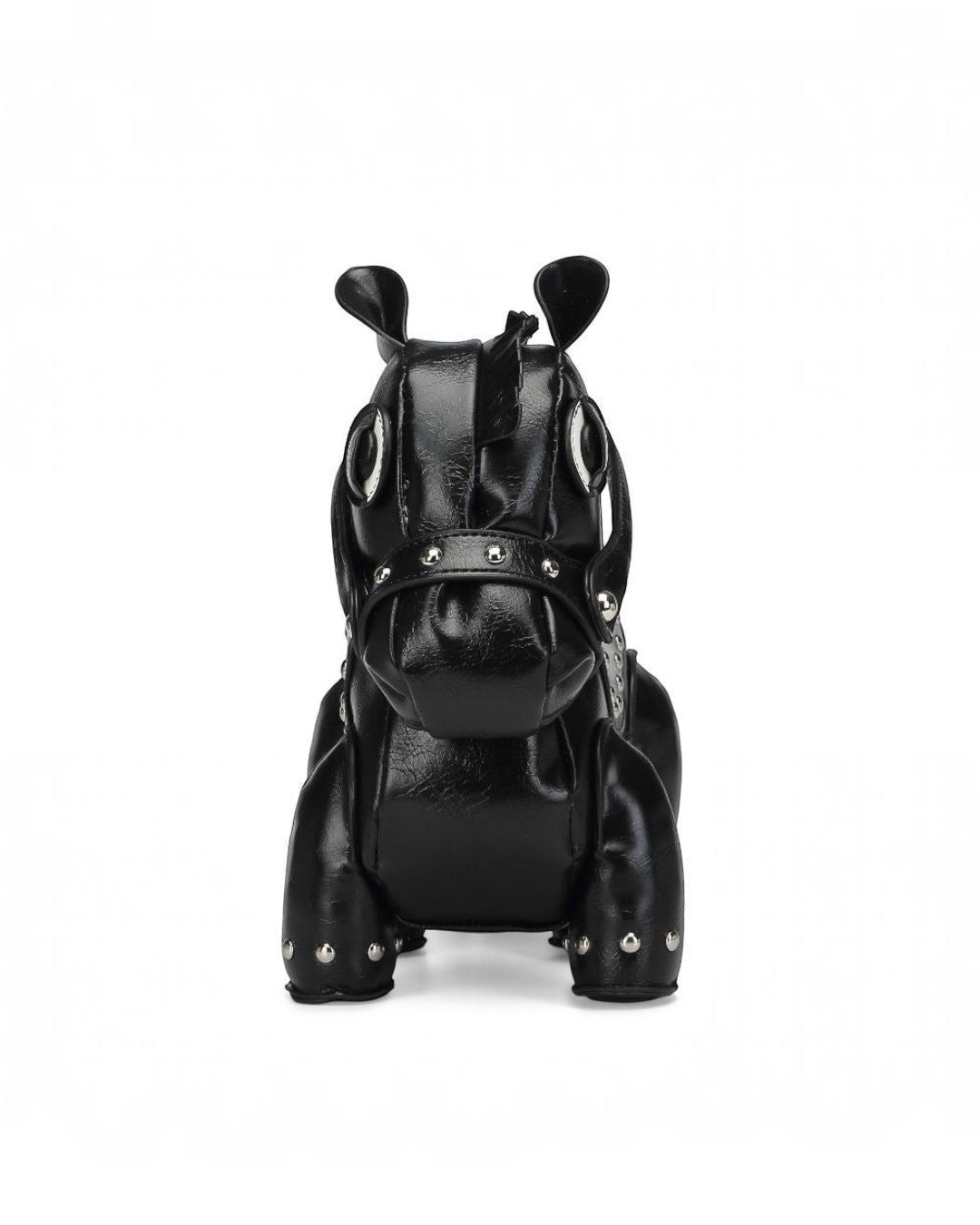 Pine Drew India black vegan leather horse-shaped handbag with silver stud detailing and a sculpted design.