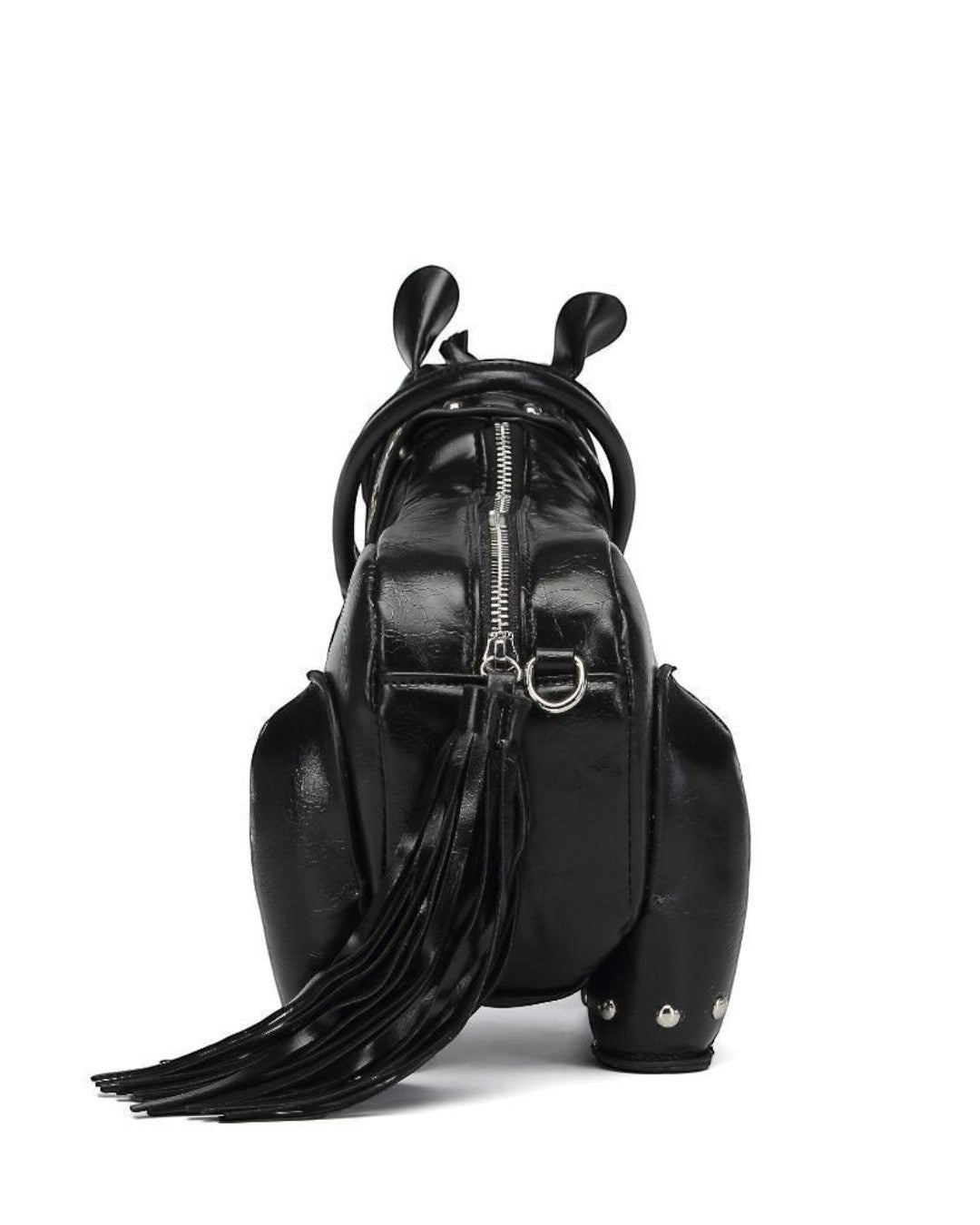 Pine Drew India black vegan leather Cavallo handbag shaped like a horse with a tassel tail and gold stud hardware.