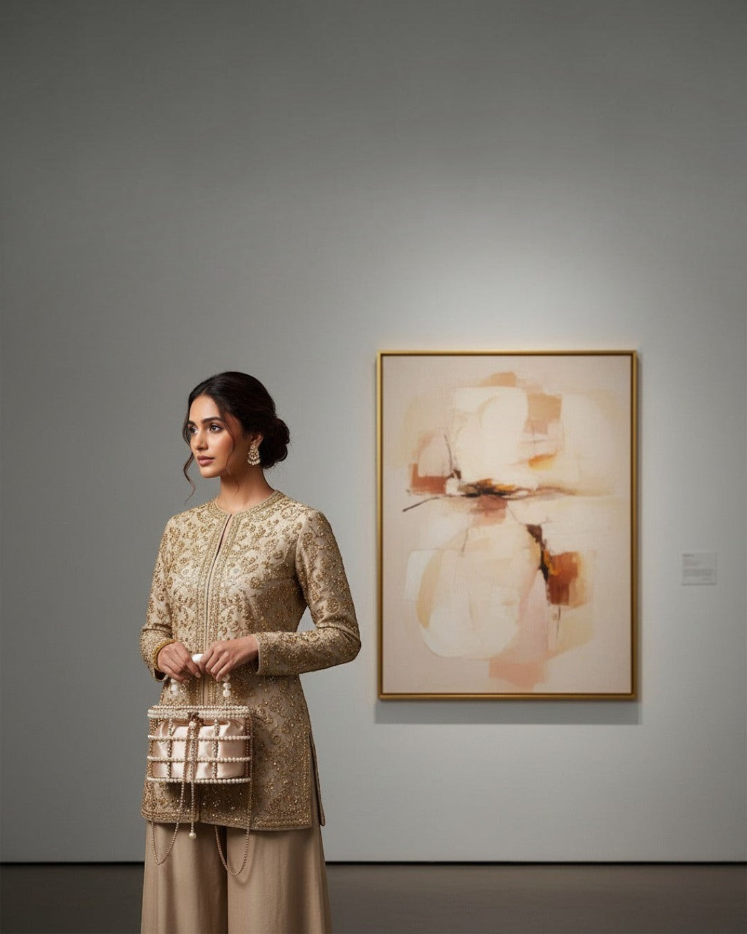 Pine Drew India blush satin casket bag with pearl and crystal lattice, held by a woman in an elegant gold outfit.