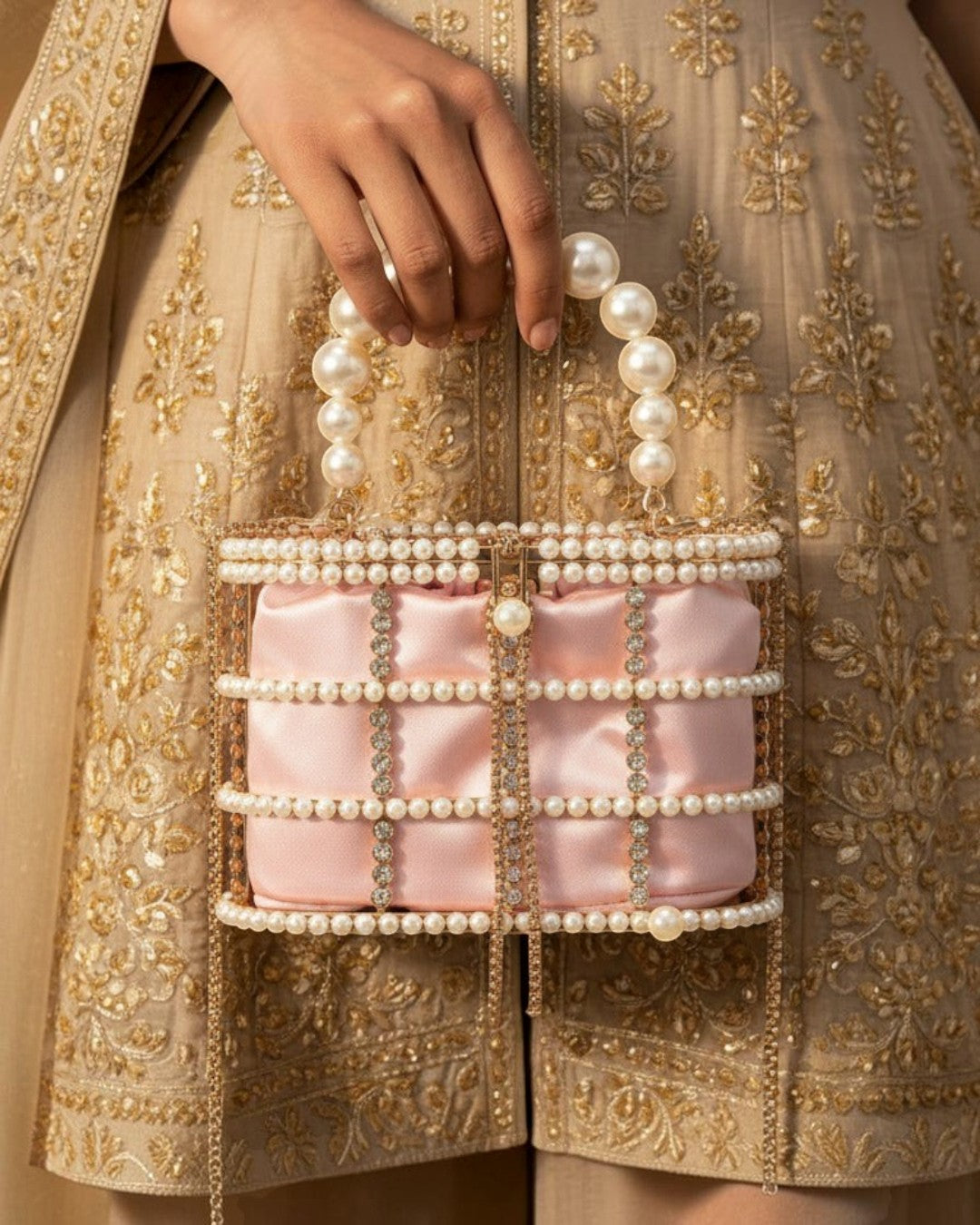 Pine Drew India blush satin casket bag with a pearl and crystal lattice overlay and a sculptural pearl top handle.
