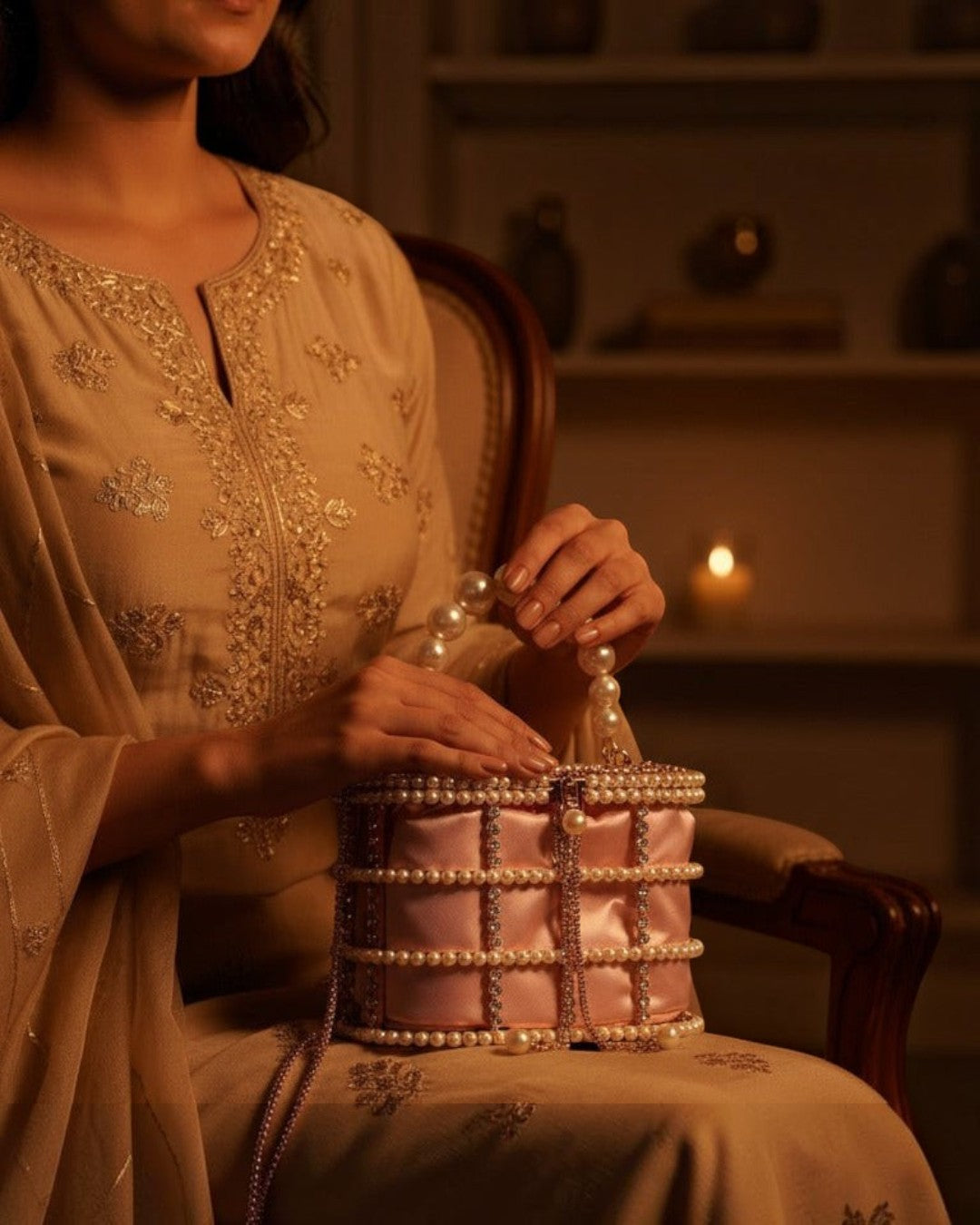 Pine Drew India blush satin casket bag with pearl and crystal lattice, featuring a sculptural pearl handle.