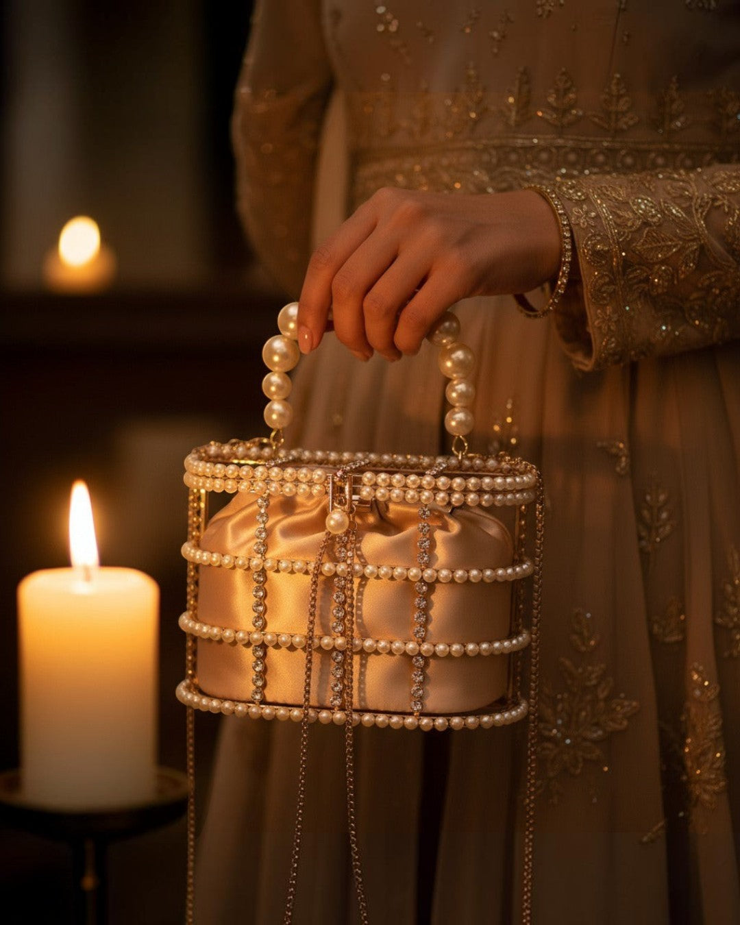 Pine Drew India blush satin casket bag with pearl and crystal lattice overlay and sculptural pearl top handle