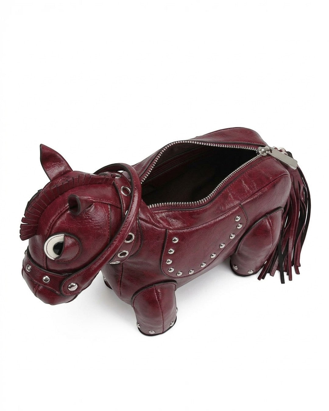 Pine Drew India Cavallo horse-shaped handbag in burgundy vegan leather with gold stud details and a tassel tail.