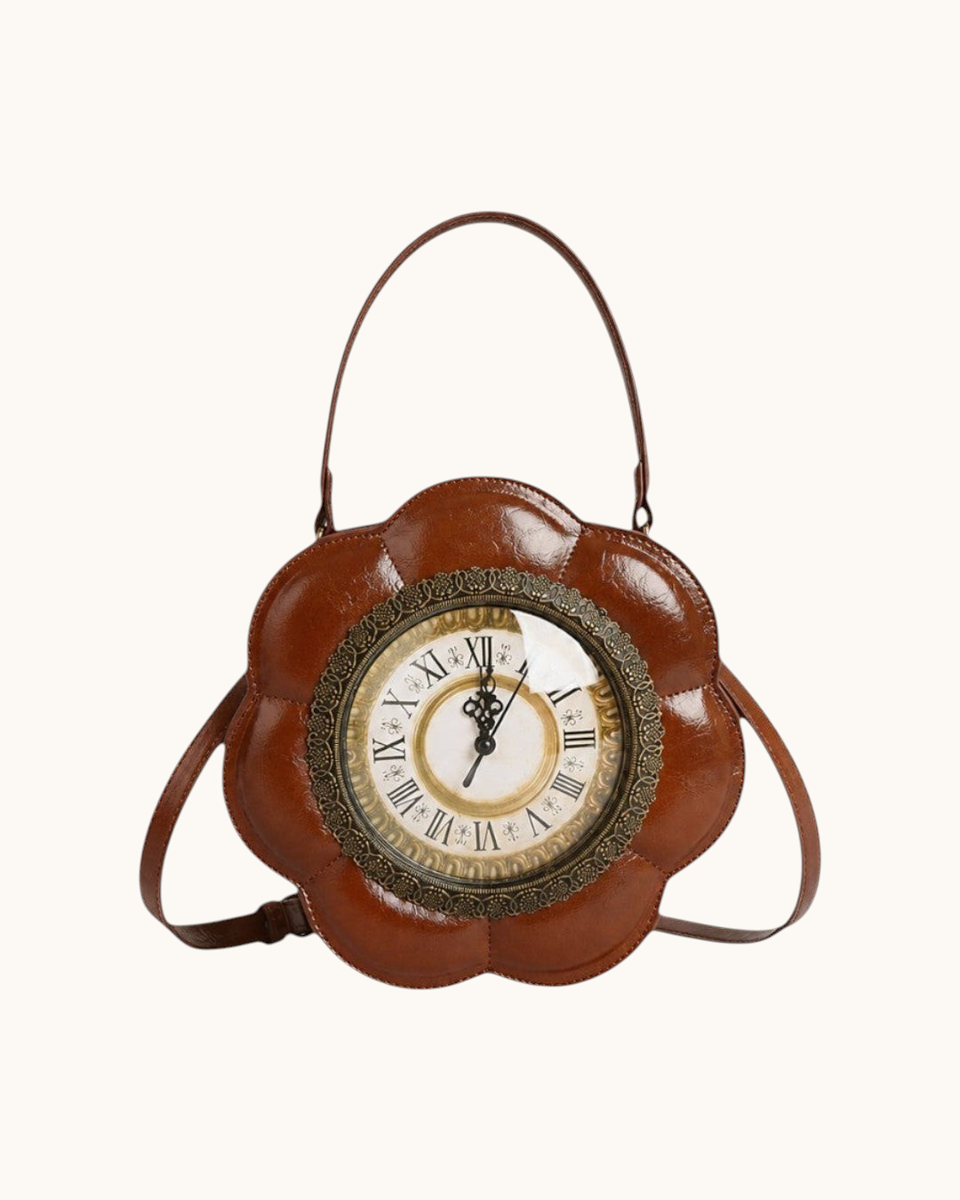 Pine Drew India cognac vegan leather flower-shaped handbag featuring a functional antique brass clock face.