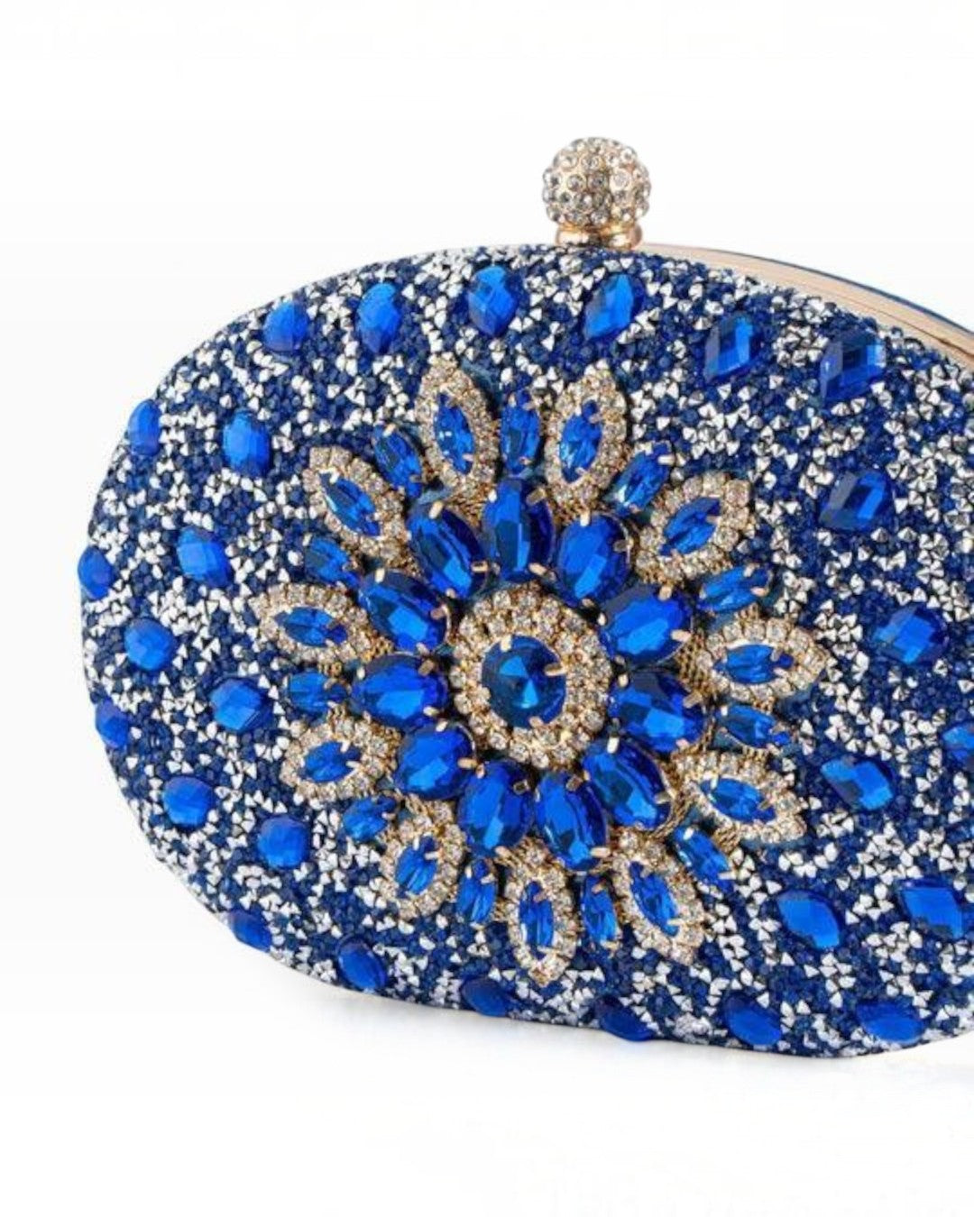 Pine Drew India Colette clutch bag featuring a blue diamond-encrusted floral pattern on a polyester evening purse.