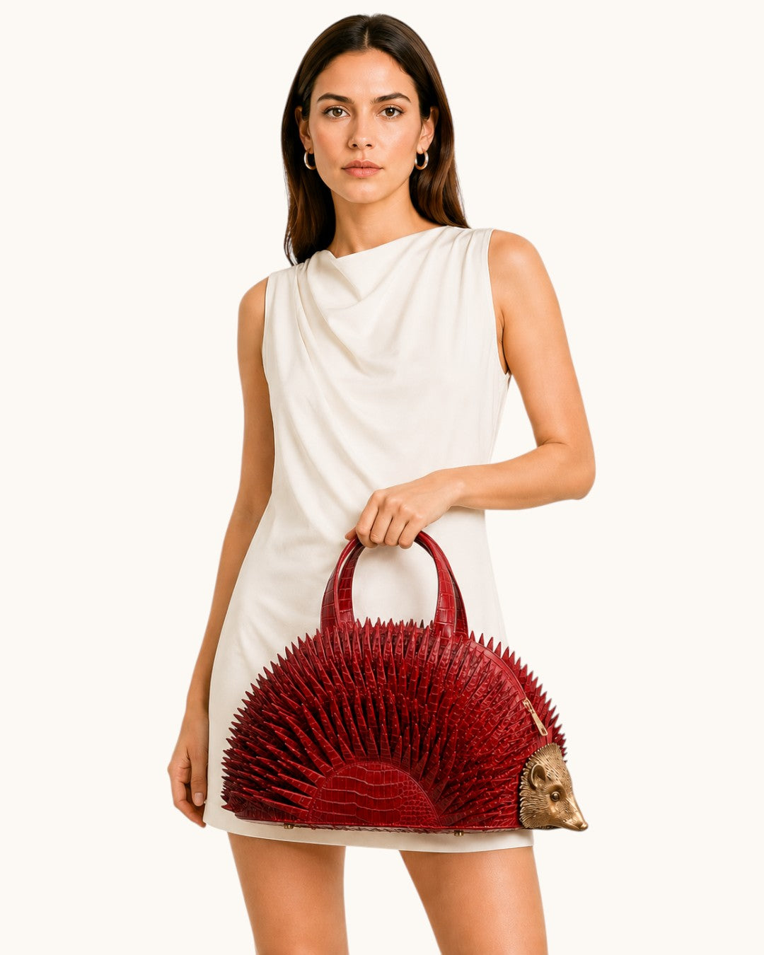 Pine Drew India Epinelle Mini deep crimson croc-embossed vegan leather hedgehog bag with sculptural brass face