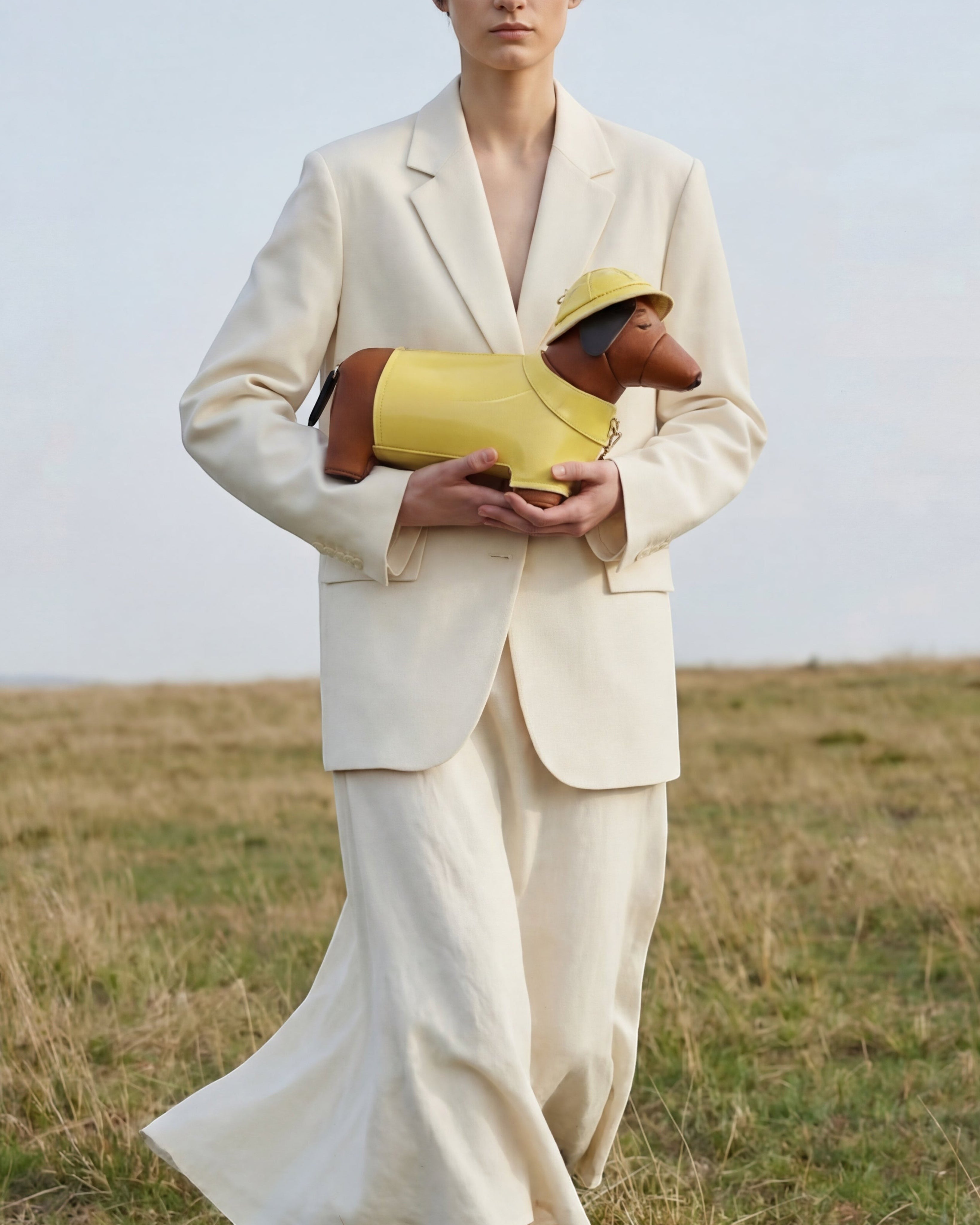 Pine Drew India dachshund-shaped vegan leather bag in yellow and brown with a matching hat, held by a model.