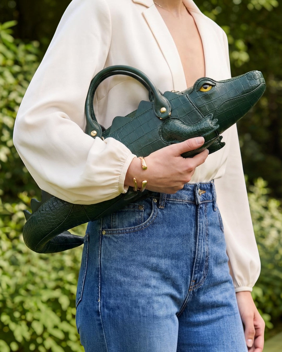 Pine Drew India Crocetta Élan mini handbag in deep-green croc-embossed vegan leather with gold hardware