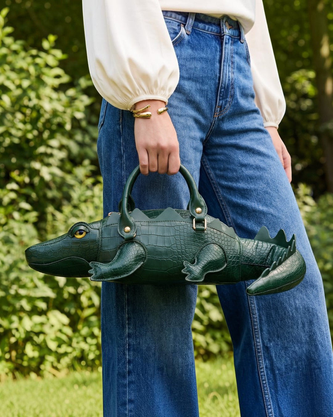 Pine Drew India Crocetta Élan mini handbag in deep green croc-embossed vegan leather with gold hardware held by a model