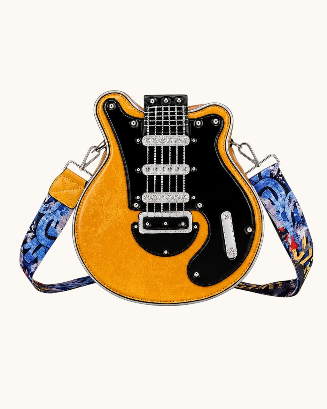 Pine Drew India Rockelle Mini novelty crossbody bag shaped like a guitar in yellow and black vegan leather.