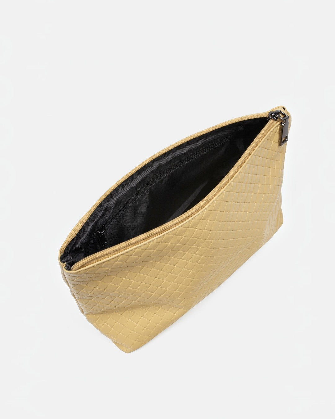 Pine Drew India The Jocelyn beige handwoven vegan leather pouch with a top zipper and black interior lining.