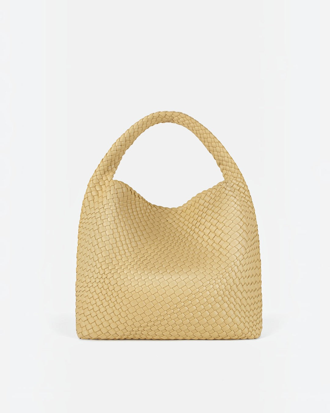 Pine Drew India Jocelyn bag in beige handwoven vegan leather with a slouchy sculptural body and single shoulder handle