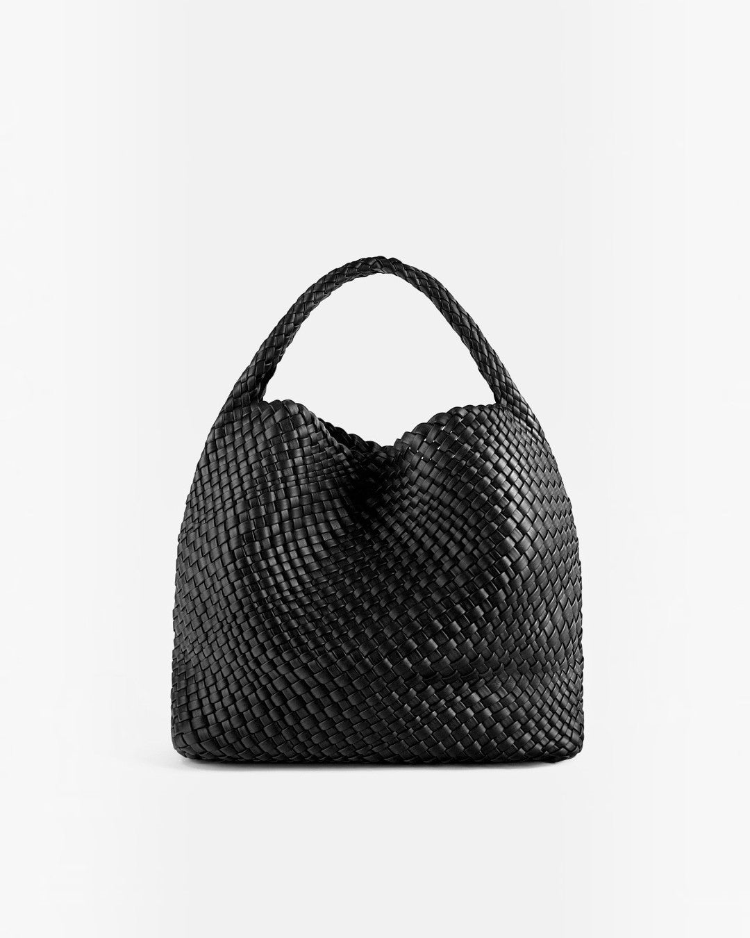 Pine Drew India The Jocelyn black handwoven vegan leather slouchy shoulder bag with a flat base on a white background