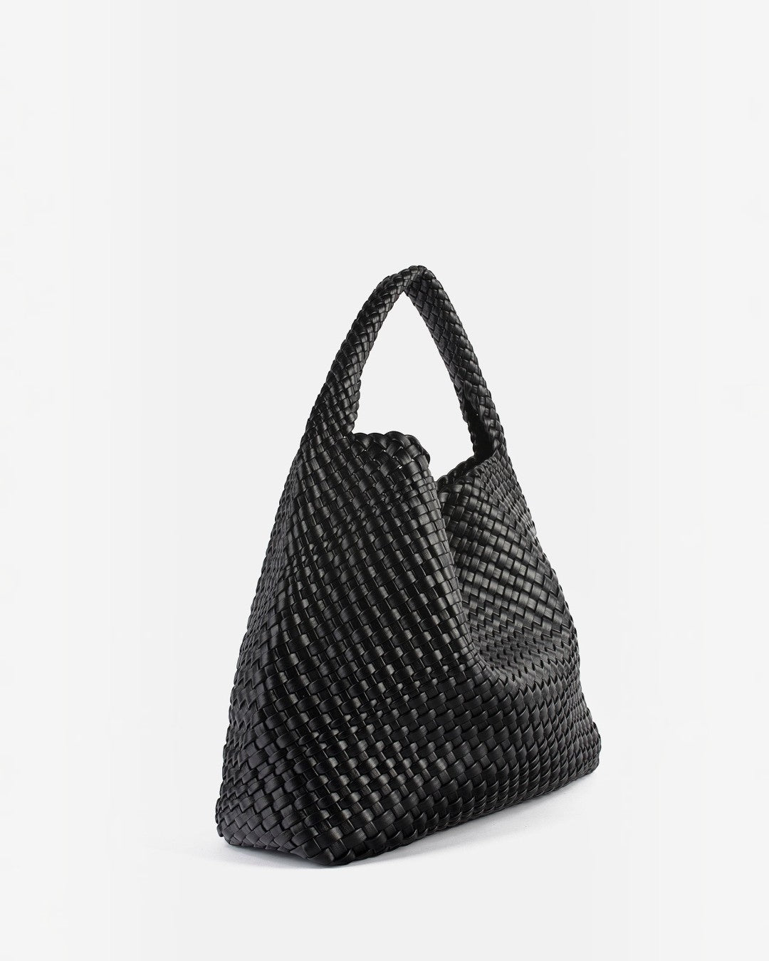 Pine Drew India The Jocelyn black handwoven vegan leather shoulder bag with a slouchy sculptural silhouette.