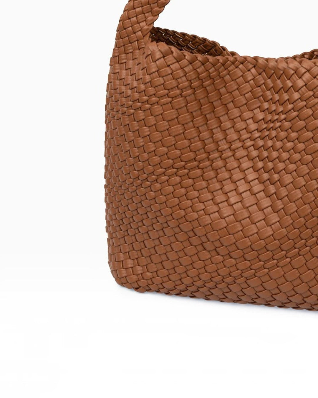 Pine Drew India The Jocelyn handwoven brown vegan leather shoulder bag with a slouchy sculptural design
