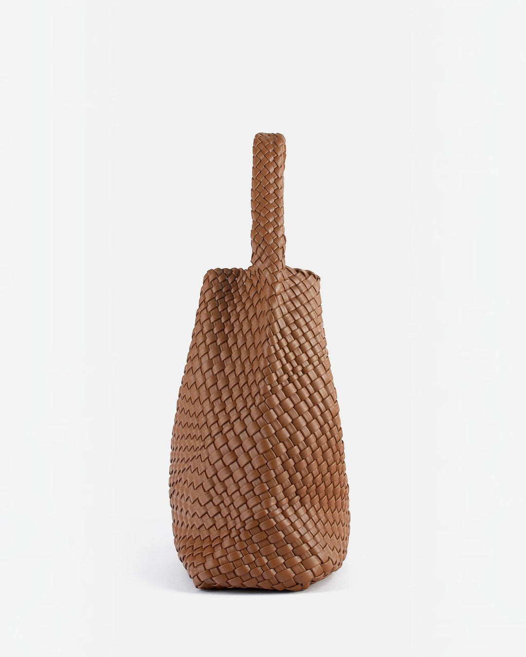 Pine Drew India The Jocelyn handwoven brown vegan leather shoulder bag with a slouchy sculptural design