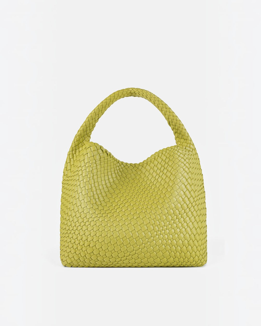 Pine Drew India The Jocelyn handwoven lime green vegan leather shoulder bag with a slouchy sculptural silhouette.