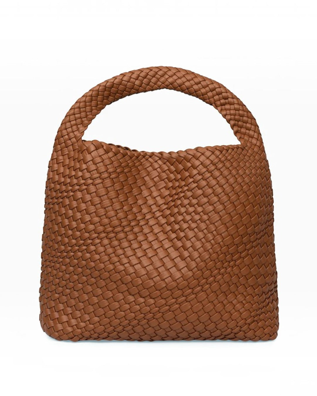 Pine Drew India Jocelyn handwoven tan vegan leather shoulder bag with a slouchy sculptural silhouette.